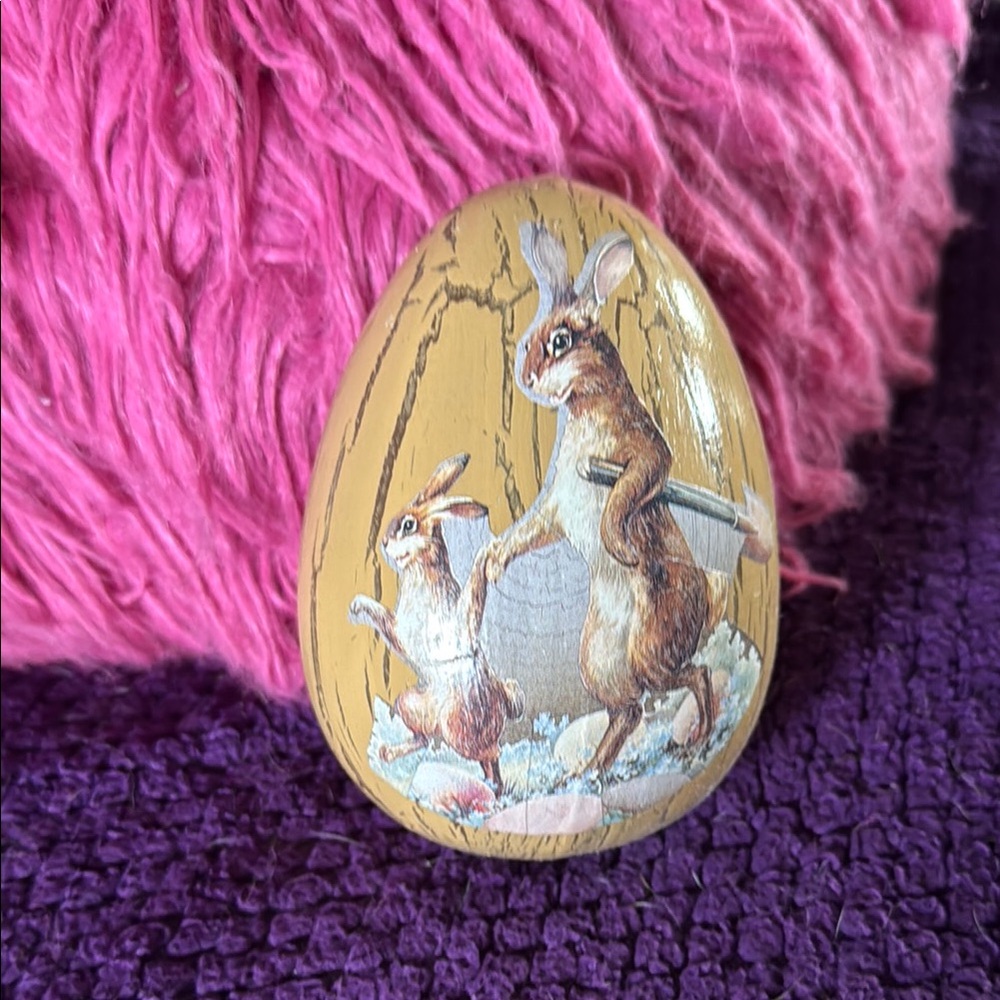 Vintage Unique Handmade Wooden Egg w/a pair of rabbits decoupaged on its surface
